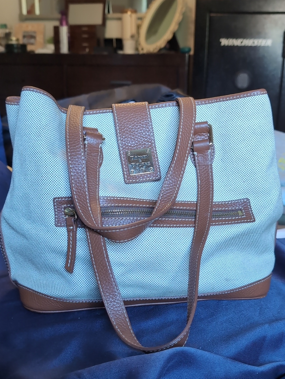 Dooney And Bourke Canvas Tote with Brown Trim